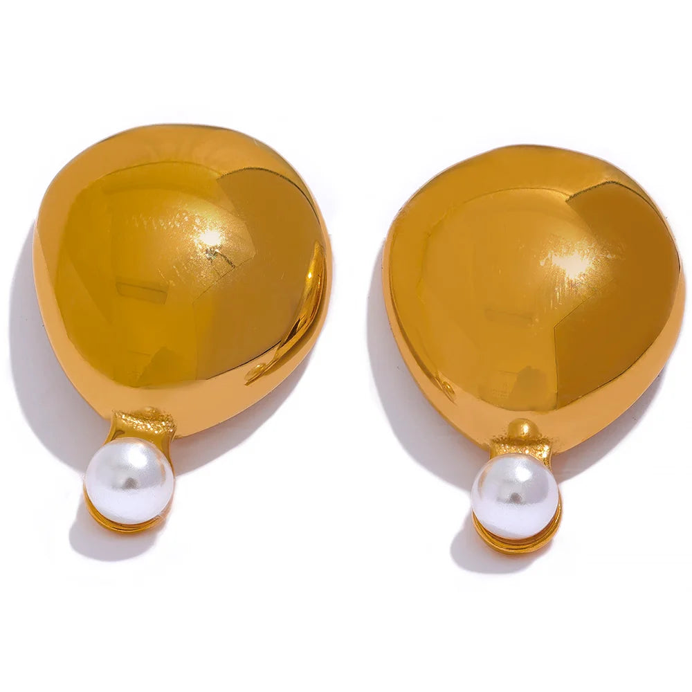 JINYOU 1924 Stainless Steel 316L Geometric Artificial Pearls Stud Earrings Golden Texture 18K PVD Plated Statement Jewelry Women