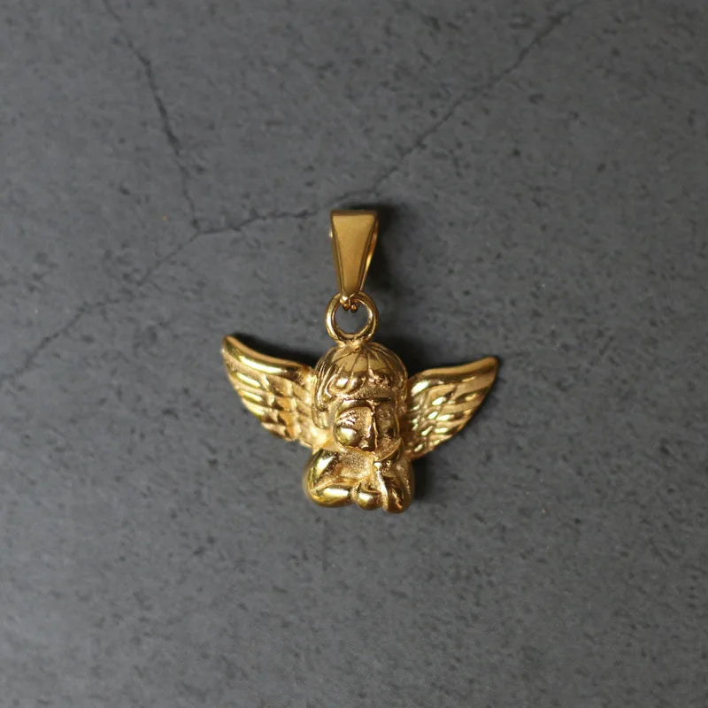 In Stock 18k Gold Little Angel Pendant Hiphops Wing Charm Necklace Women Stainless Steel Cupid Angel Pendant Jewelry
