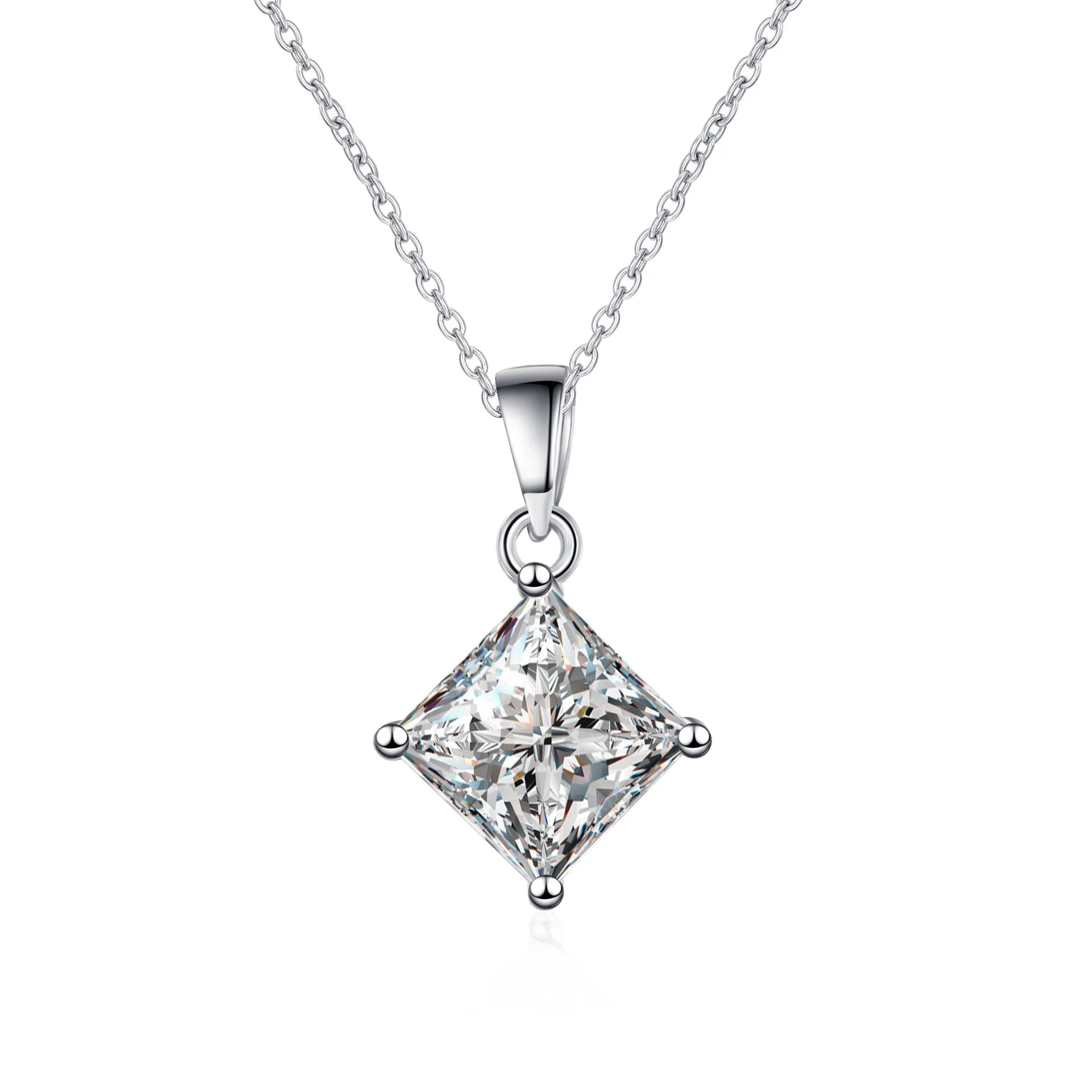 Wish Jewelry White Gold Plated Luxury 2ct Princess Cut Moissanite Pendant in 925 Sterling Silver Cubic Zirconia Necklace