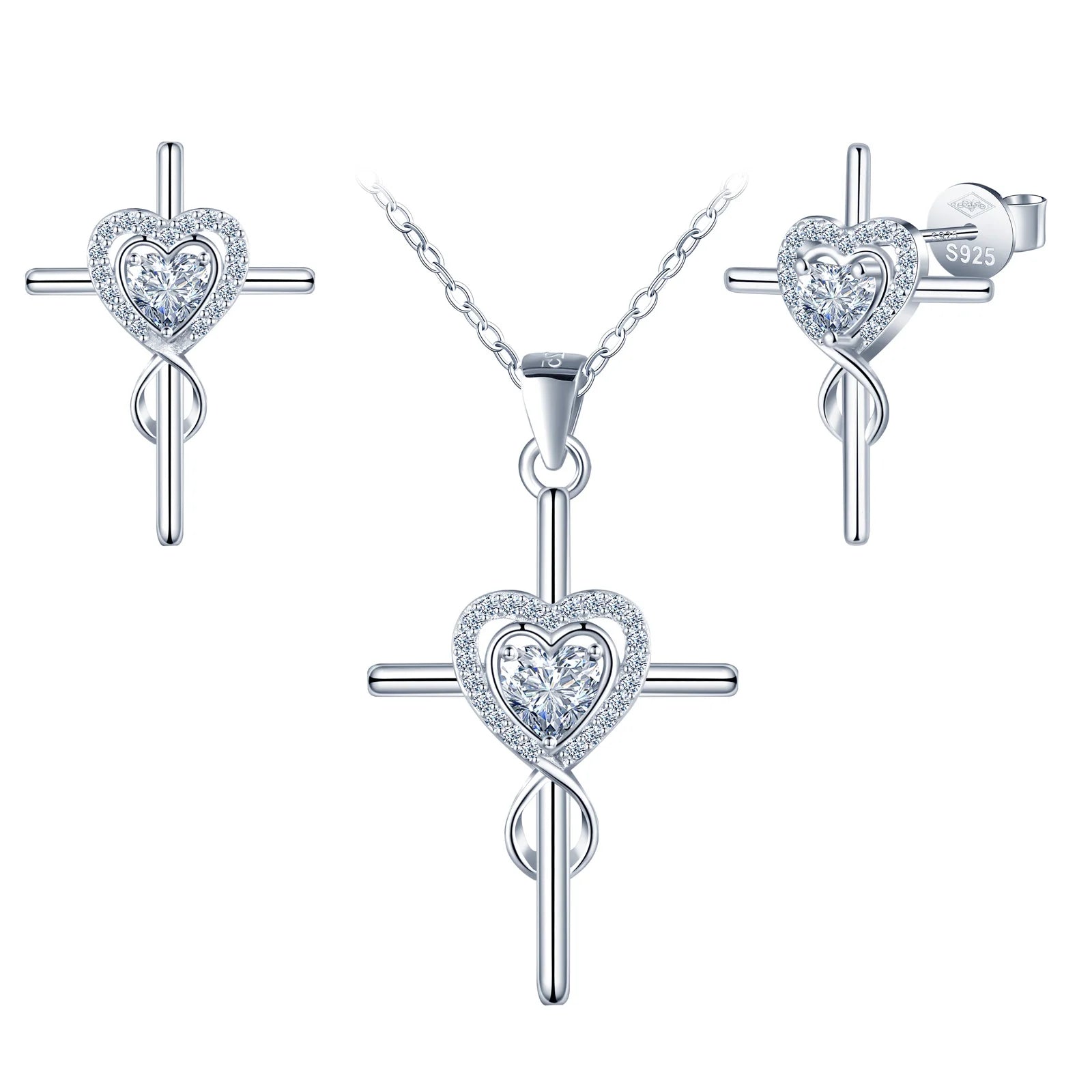 925 Sterling Silver Cross Heart Stud Earrings with Delicate Moissanite Necklace Jewelry Set