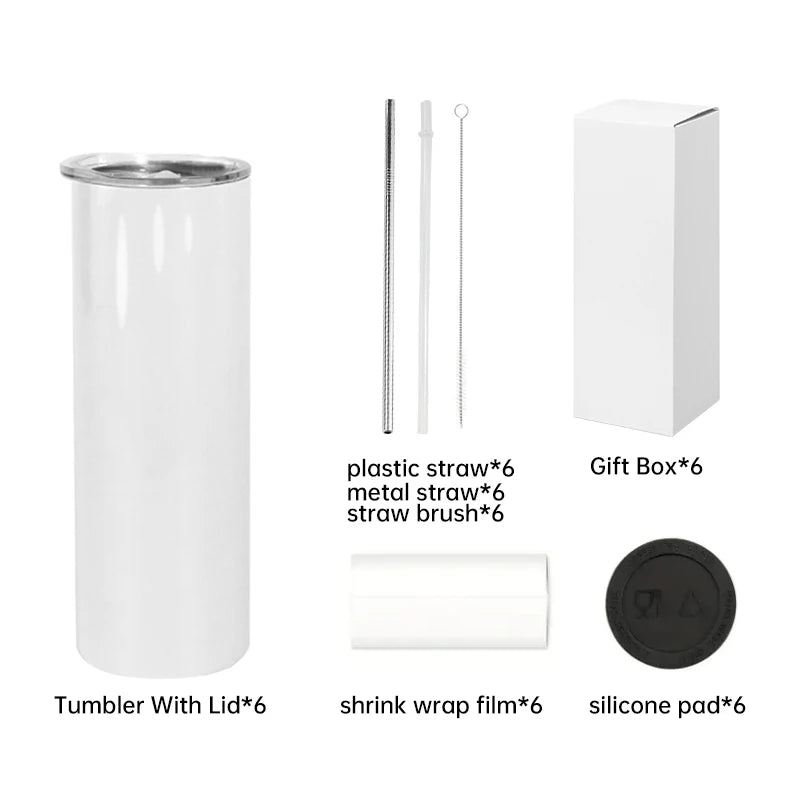 RTS 20oz Sublimation Tumbler with Plastic Metal Straw Rubber Bottom Straw Brush 6pcs/ctn