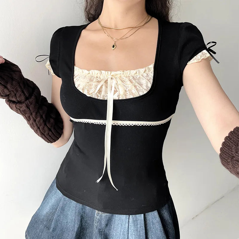 Women Vintage Korean Summer Y2k Lace Trim V-Neck Flare Sleeve Crop Top Bow Cute Sweet Tee Short Sleeve Harajuku Casual