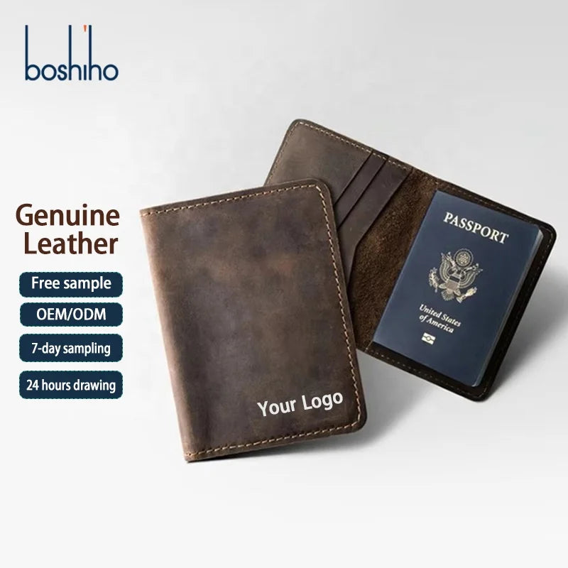 Custom Luxury Crazy Horse Leather Travel Passport Cover Slim Card Holder Wallet Genuine Leather Passport Holder