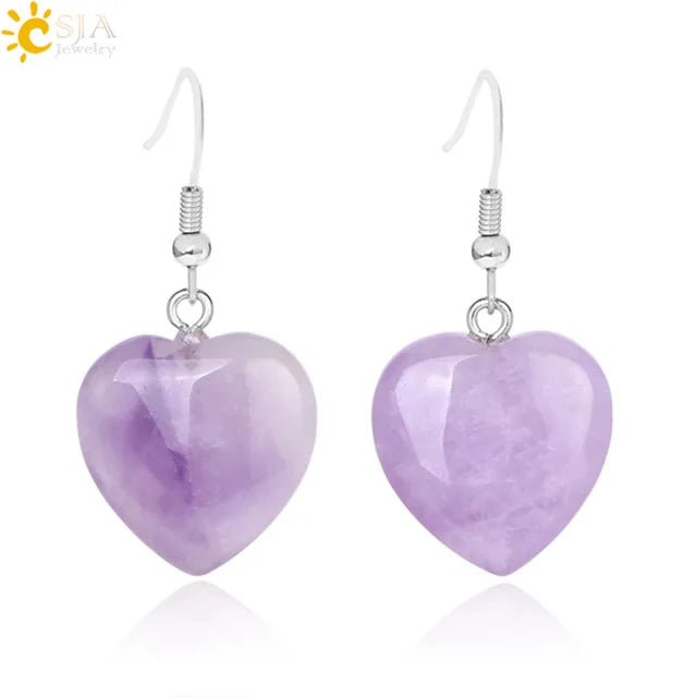 CSJA  Wholesale Crystal Heart Shape Earrings Natural Stone Rose Quartz Healing Dangle Earring for Women Fashion Jewelry F315