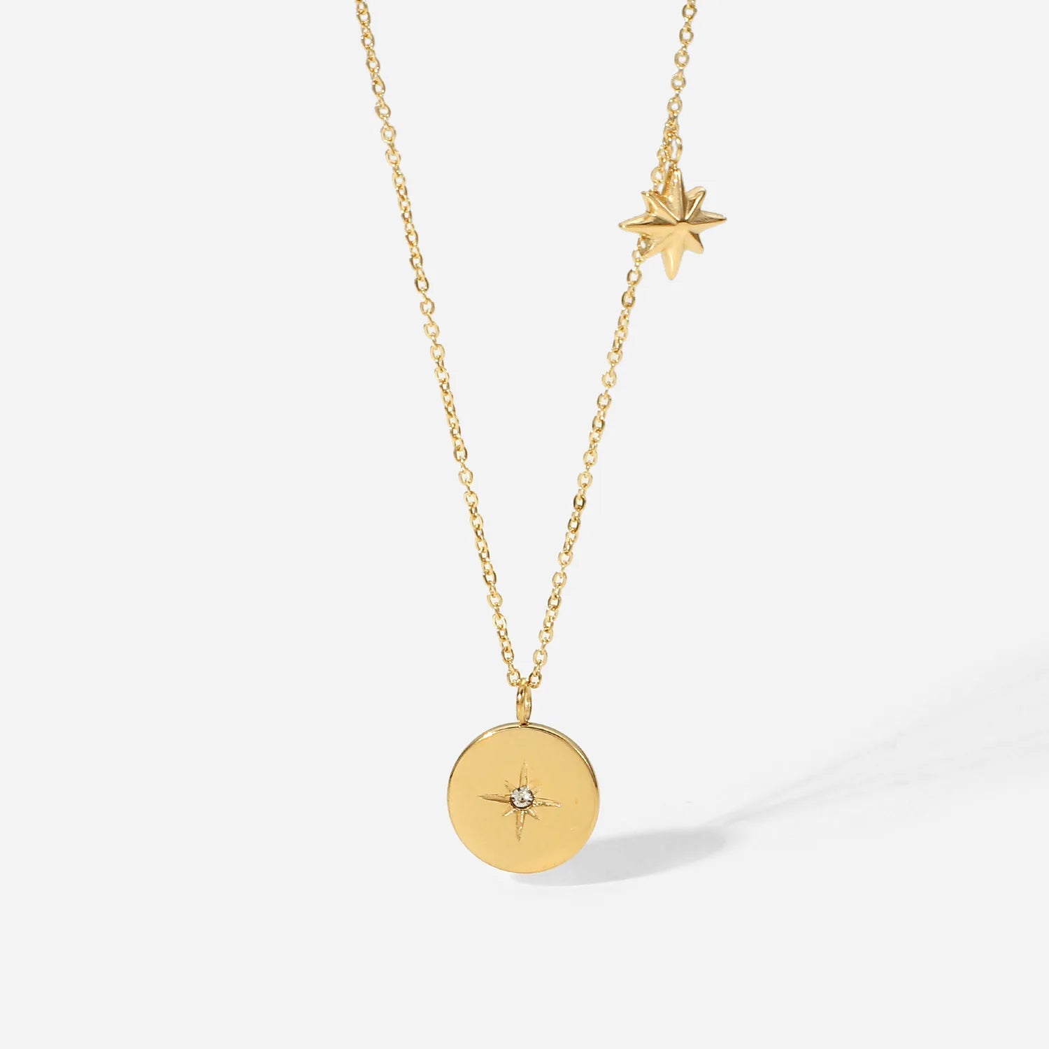 Trendy Cz Diamond Star Round Charm Necklace Stainless Steel 18K Gold Plated Waterproof Cubic Zircon North Star Pendant Necklace