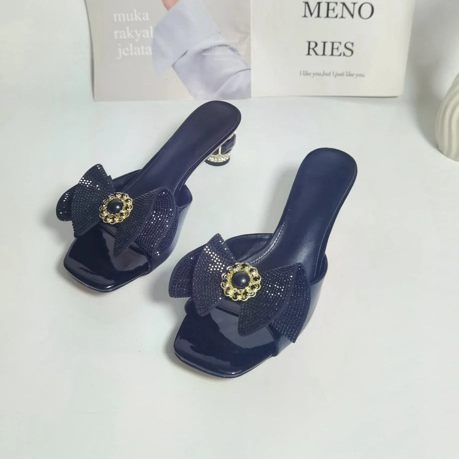 Diamond Butterfly Gladiator Black Open Toe Women's High Heels Mules Ladies Summer Sandals with Rhinestone Upper
