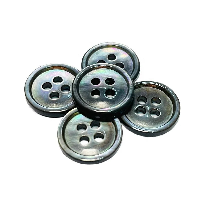 Natural Color Mother of Pearl Shell Buttons 4-Holes Flatback Style with Round Pattern Polished Black Mop for Shirt Decoration