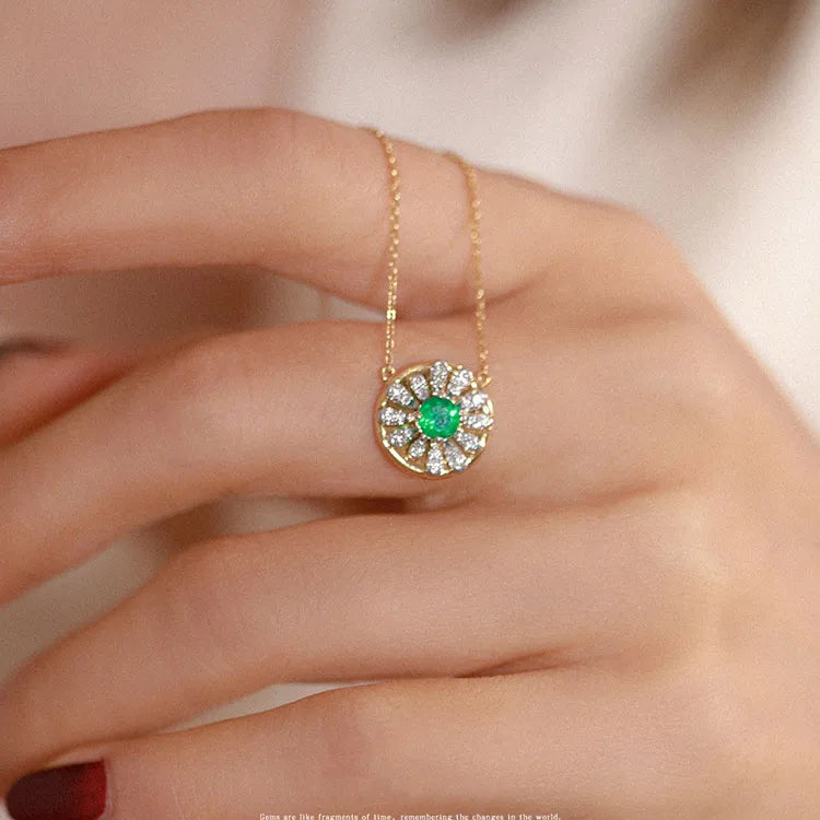 Spring Garden Vintage 18K Gold Plated Pure 925 Sterling Silver Round Green Zircon Pendant Necklace for Women Girls Jewelry