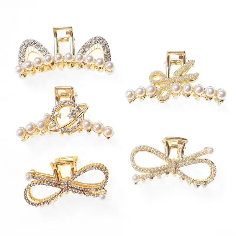Metal Bling Pearl Designer Large Hair Claws Crystal Rhinestone Beads Clamp Hair Clips Accessory for Women Girls