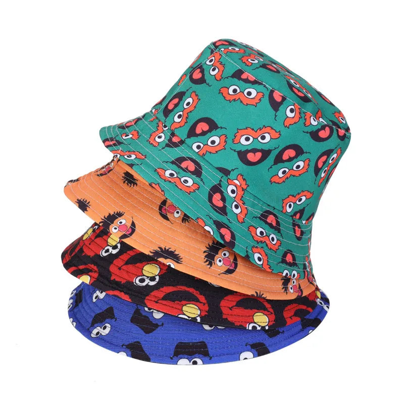 In Stock Wholesale 2022 Fall New Cartoon Colorful Women Men Reversible Cotton Adult Fisherman Printed Cartoon Bucket Hat Cap