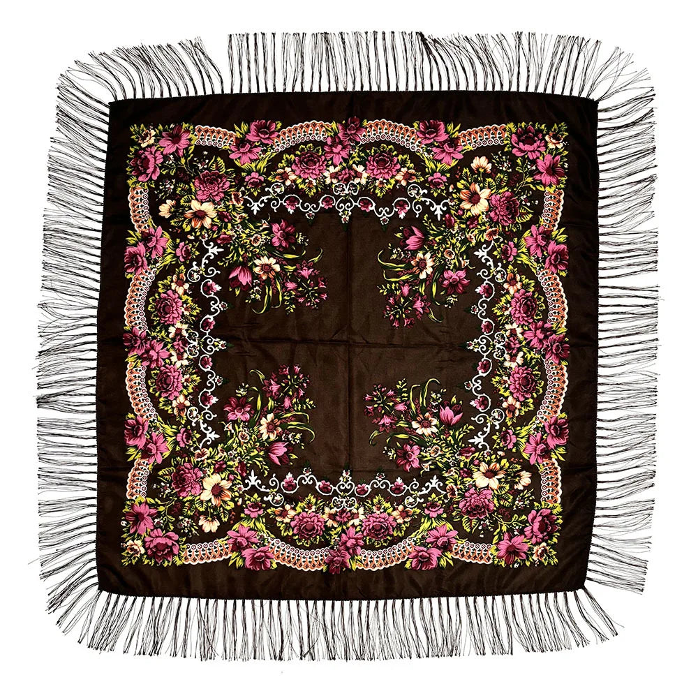 90*90 cm Square Ethnic Floral Printed Shawl Scarf Thick Russian Twill Polyester With Fringe for Women