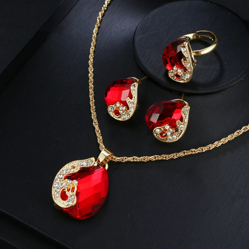 2022 New Temperament Wedding Jewelry Elegant Necklace Earrings Ring Set Colorful Zircon Bridal Jewelry Set for Women