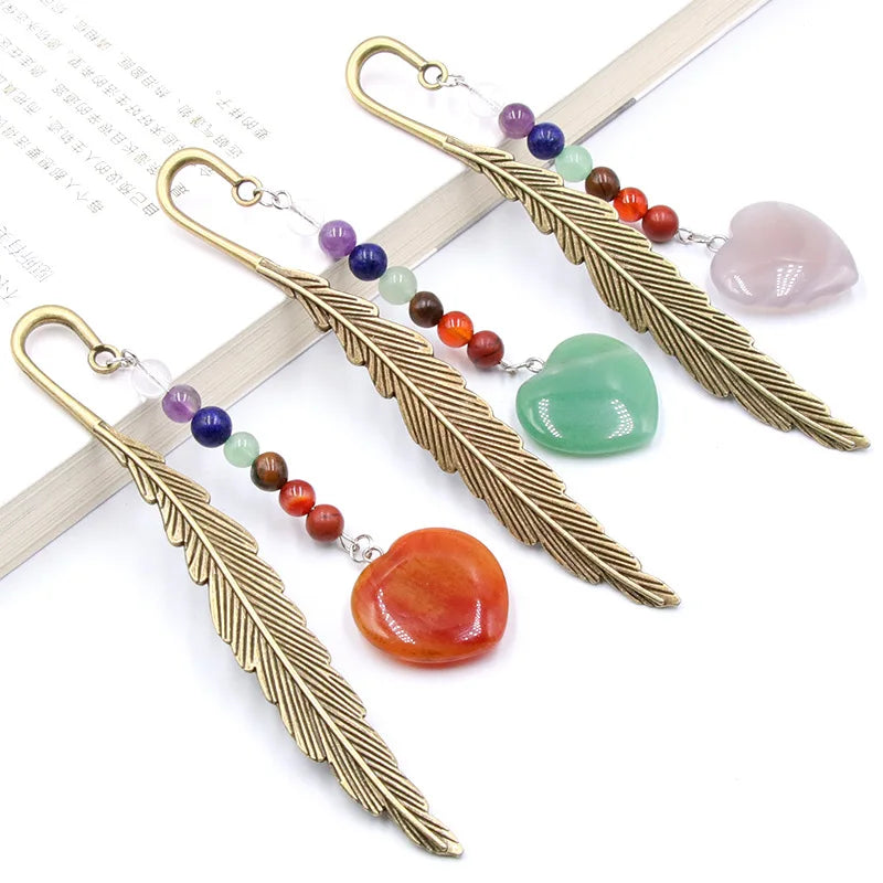 Antique Copper Metal Bookmarks with Handmade 7 Chakra Healing Crystals Heart Hanging Pendant Gemstones Assorted