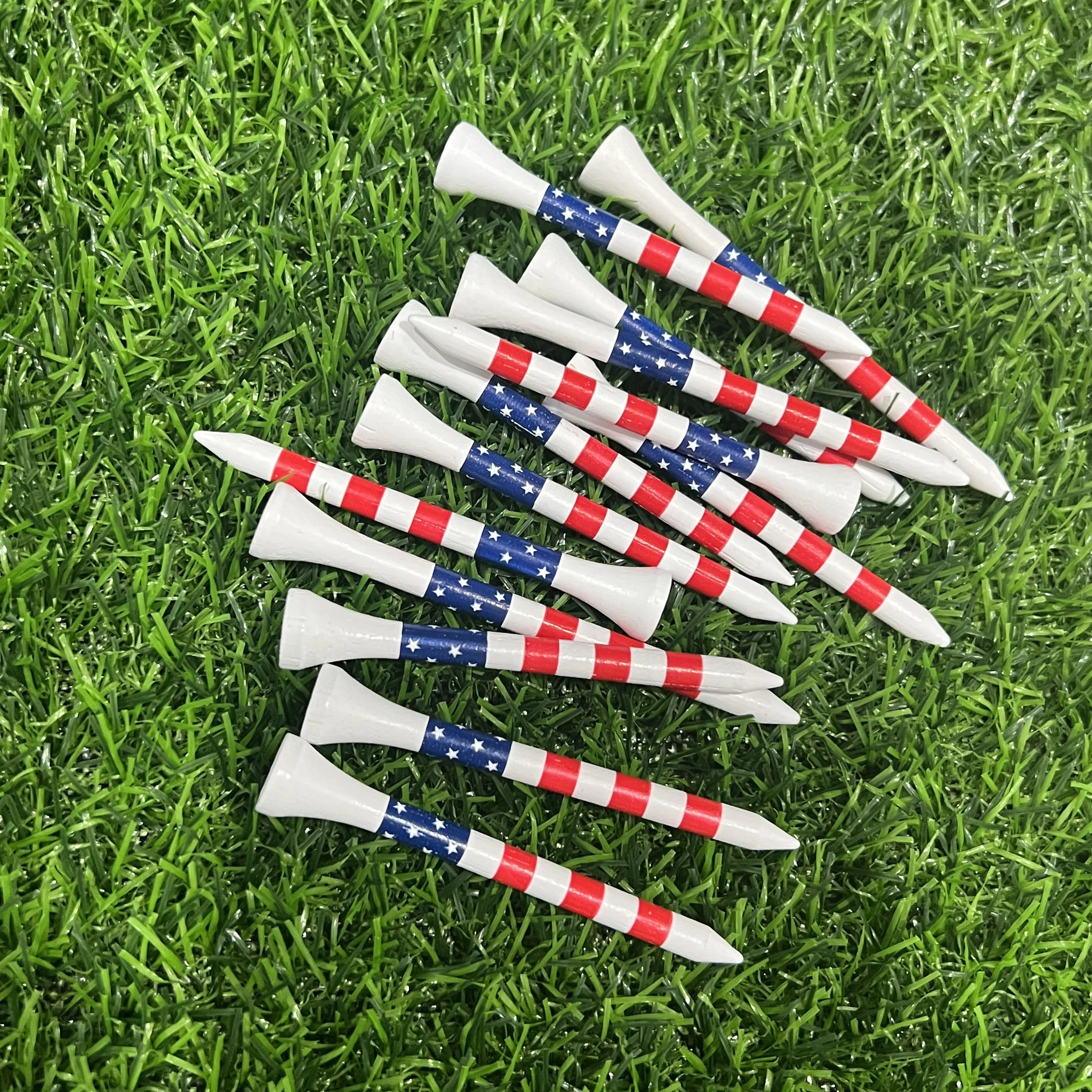 Newest Hot Sale American Flag Durable Unbreakable Practice Tees Golf Custom Print Golf Tee Wholesale  Bamboo Wood Plastic Tees