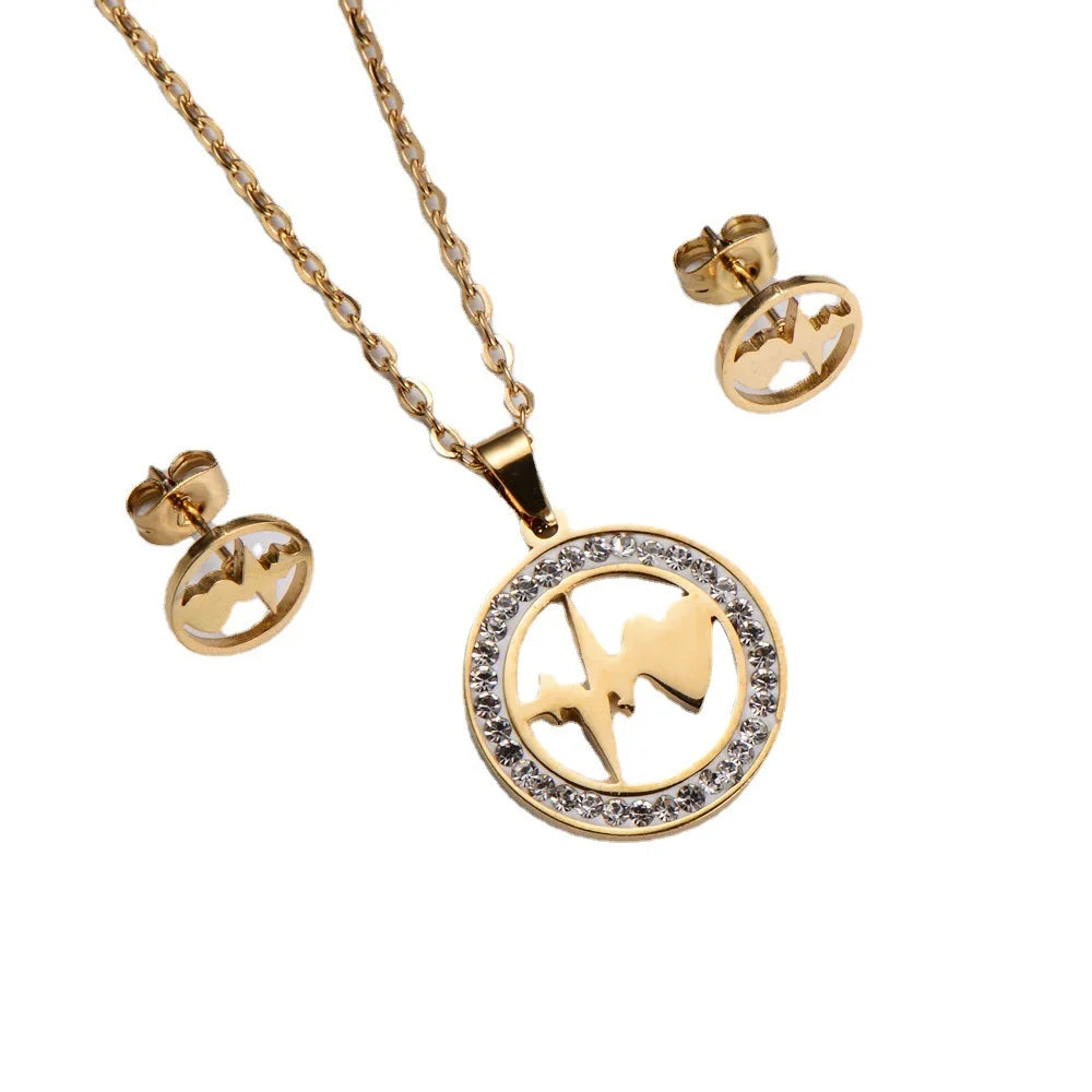 Trend Titanium Stainless Steel Geometric Gold Pendant Earrings Necklace Jewelry Set