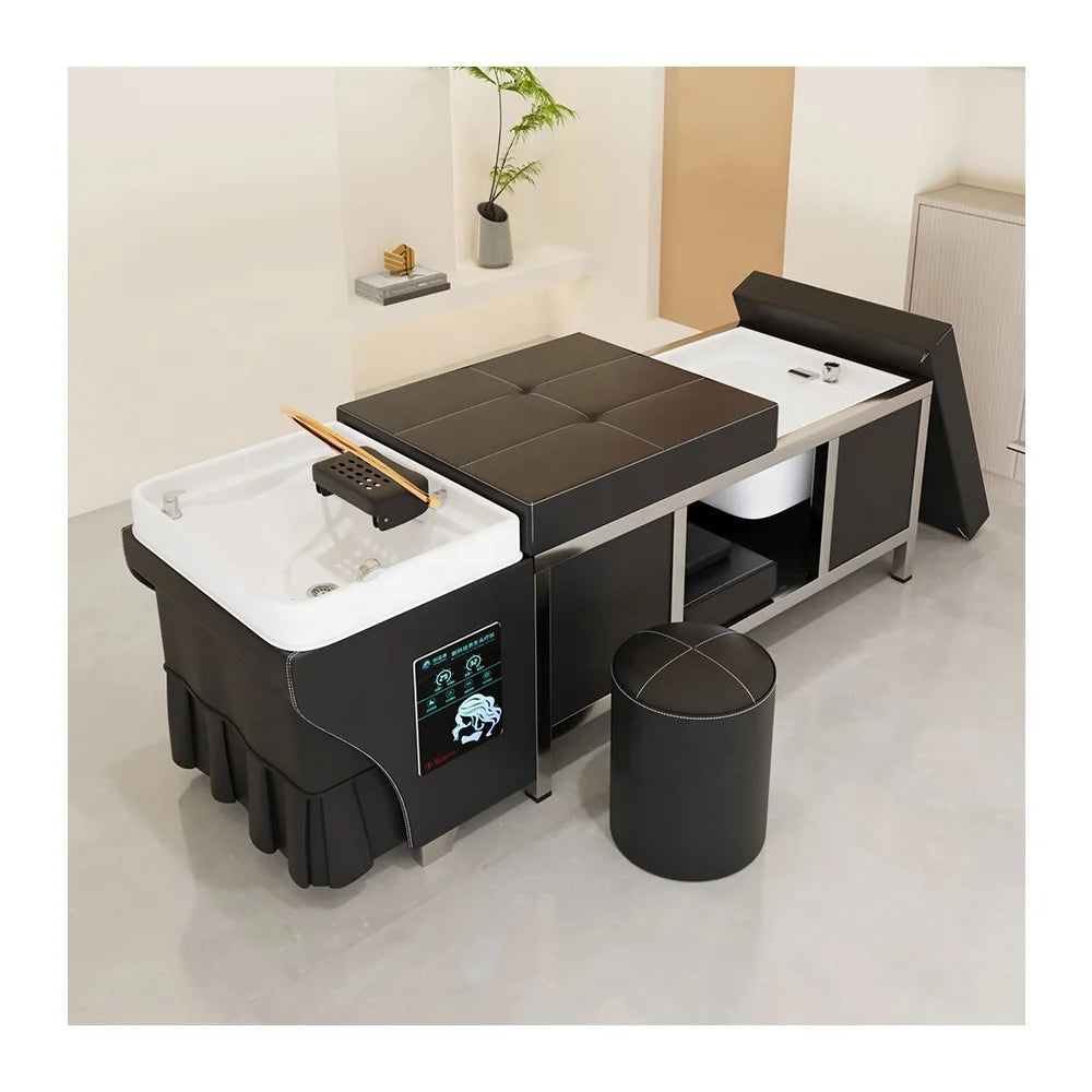 Modern Multifunctional Beauty Salon Equipment Hairdressing Head Spa Barber Shampoo Bed with White/Black Basin Massage Features