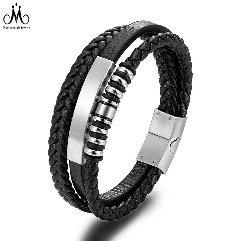 Fashion Jewelry Man Black Leather Bracelet Stainless Steel Braided Leather Bracelet for Man