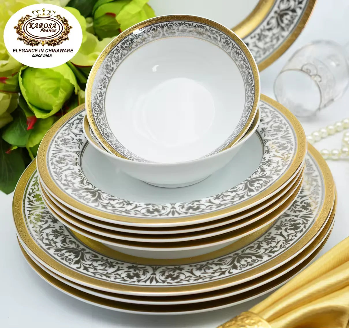 Karosa 24 Pcs  Luxury Shiny Gold Porcelain Bone China Dishes Plates Set for Home Hotel Wedding Use