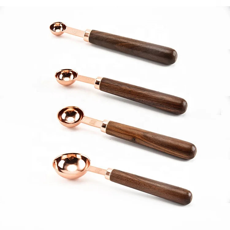 4piece Wooden Handle Stainless Steel Copper Plated Measuring Spoons and  Measuring Cups