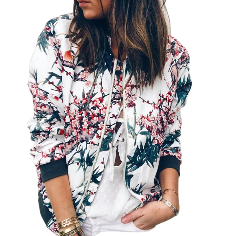 RNSHANGER Women Vintage Floral Printed Baseball Jacket Autumn Fashion Ladies Casual Zipper Pocket Warm Coat Jacket