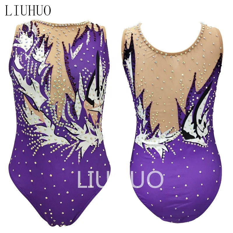 For LIUHUO Customizable Gym Training Competitive Leotards for Kids Synchronized Swimming Suits in Purple Color for Children