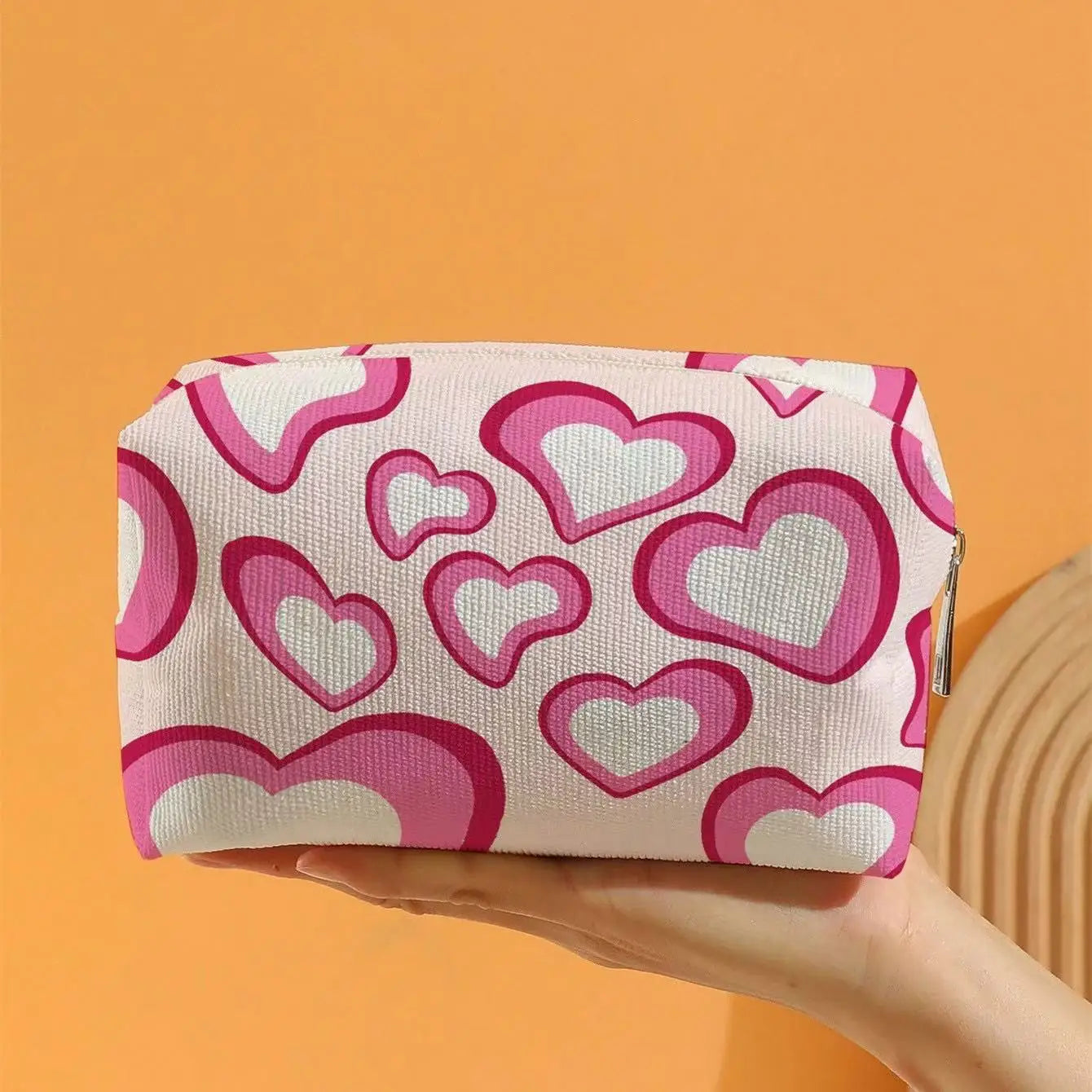 1pc Heart Pattern Zipper Makeup Bag Sweet Style Classic Zipper Cosmetic Bag for Women