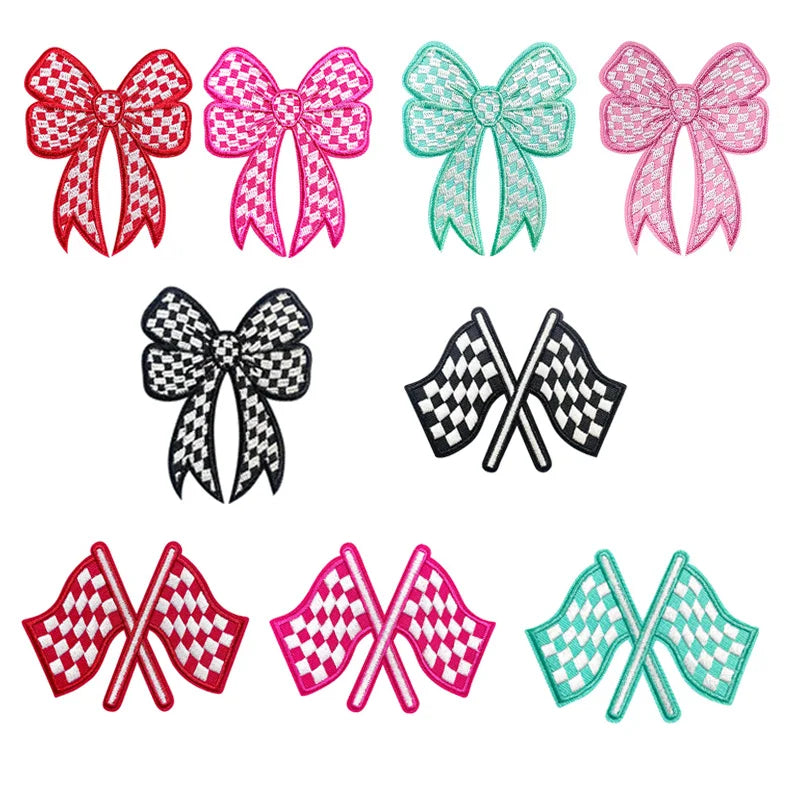 New Hot  Iron on Embroidered Colorful Checkered  Bow Knot Patch for Hat Hoodies Decoration