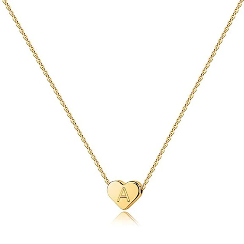 18K Gold Brass Chain Necklace with Tiny Heart Initial Alphabet Pendant for Women and Girls' Wedding Jewelry