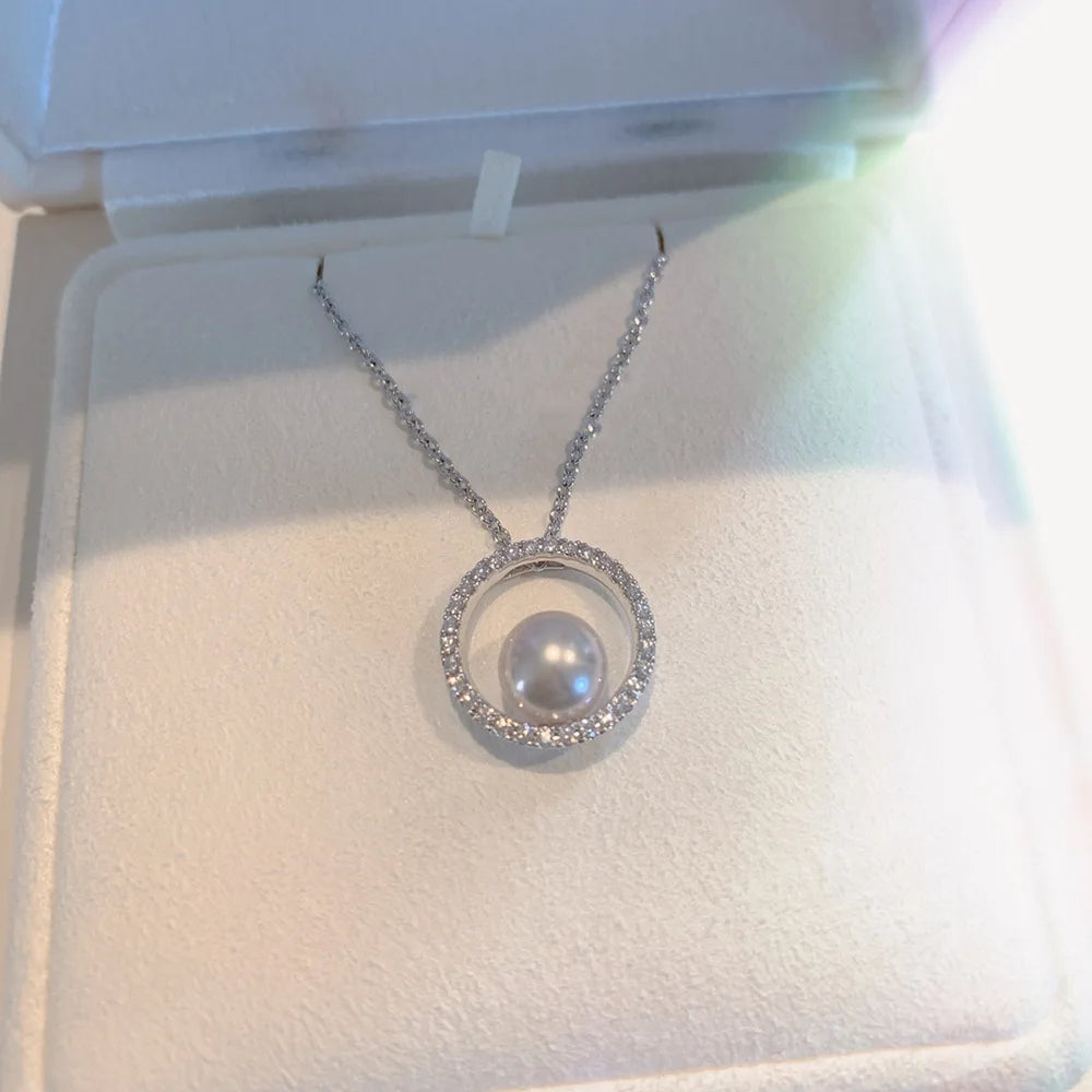 Elegant Fashion Pure 925 Sterling Silver Clavicle Chain Round Pearl Pendant Necklace for Women Jewelry