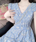 S-XL  Summer Gentle Breeze Blue V-neck Dress Flying Sleeve Dress Waist Hugging Dress