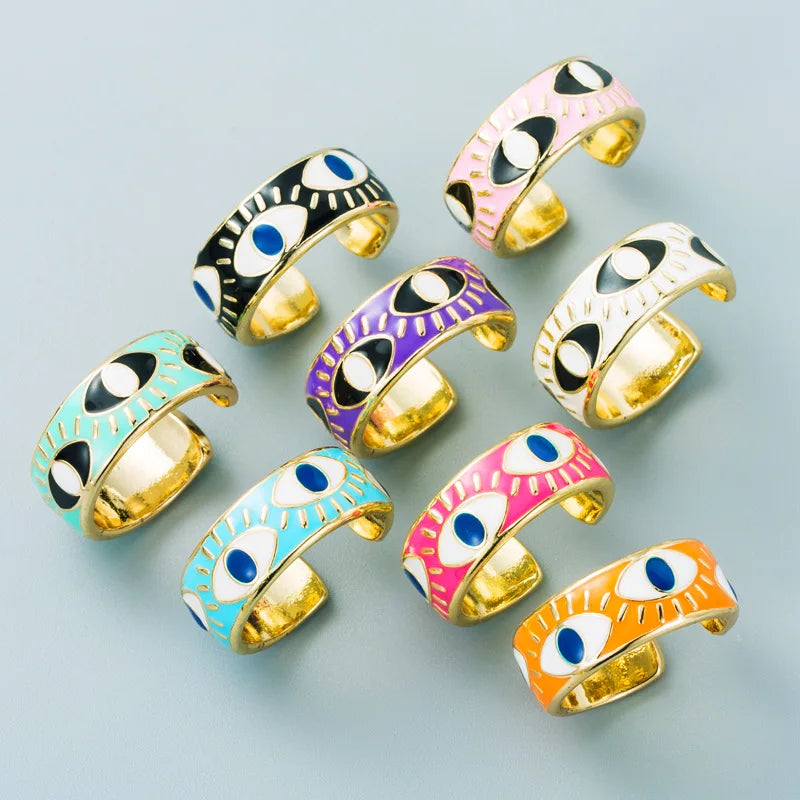 White Pink Blue Enamel Engrave Cute Lovely Turkish Evil Eyes Rings Wide Gold Color Eternity Band Rings for Women