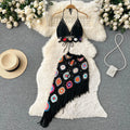 Women's Summer Bohemian Style Holiday Knitted Set Tassel Halter Top WithSkirt Set Knitted Skirt Suit Two Piece Set for Girls