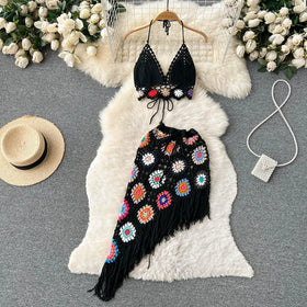 Women's Summer Bohemian Style Holiday Knitted Set Tassel Halter Top WithSkirt Set Knitted Skirt Suit Two Piece Set for Girls