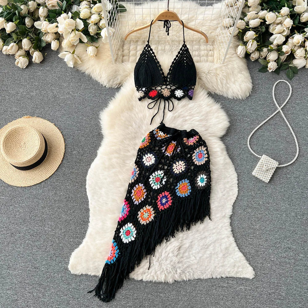 Women's Summer Bohemian Style Holiday Knitted Set Tassel Halter Top WithSkirt Set Knitted Skirt Suit Two Piece Set for Girls