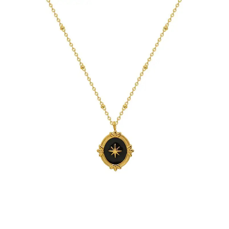 Vintage Bohemian Style Women Black Enamel Pendant Star Necklace Gold Plated Sunburst Pendant Necklace Stainless Steel
