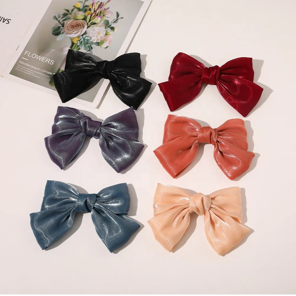 Bright Solid Color Soft Hair Ribbon Bowknot with Hair Clip  Woman Girl Hair Decoration