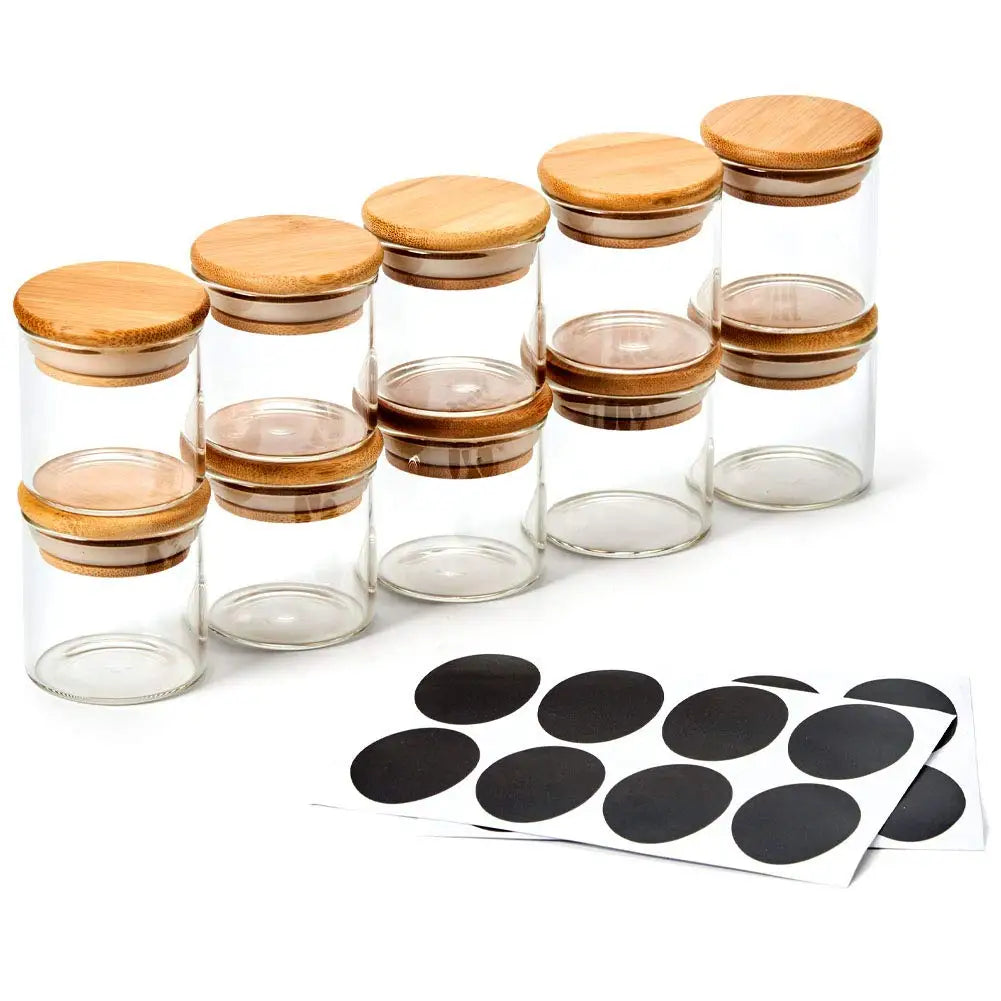 Kitchen Food Storage Borosilicate Glass Spice Jar with Bamboo Lid with Label Sticker