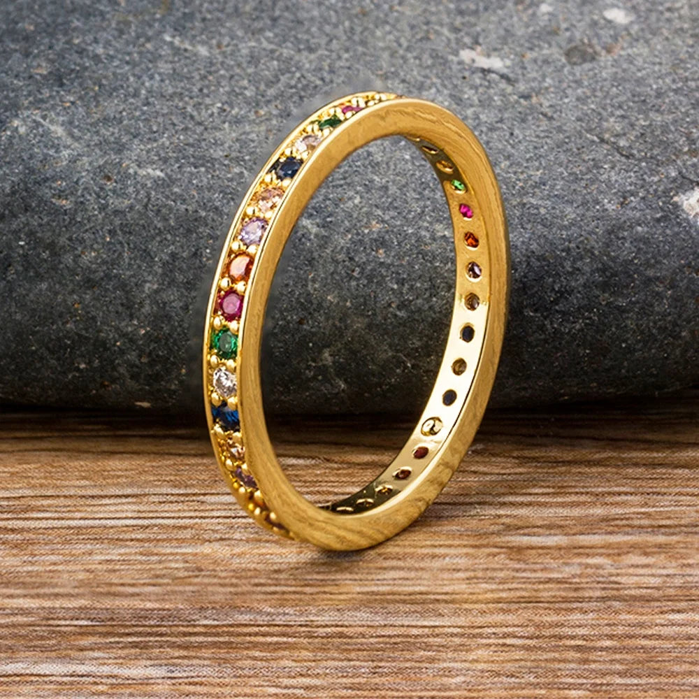 QIKU Gold Color Copper Cubic Zircon Wedding Band Ring Rainbow Birthstone Stacking Women Lady Jewelry Daily Wear Factory Direct