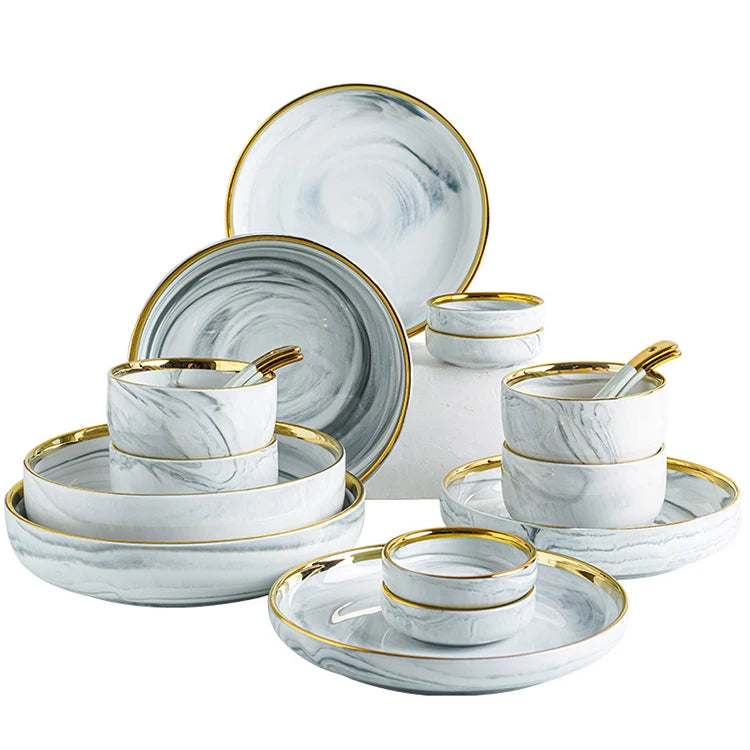 Luxury Noble Salad Pasta Tray Home Gift Cutlery Dinner Set Custom Royal Blue Edge Wedding Plates Chinese Ceramic Tableware