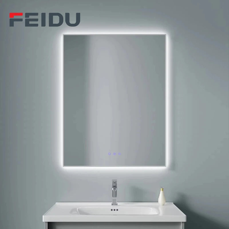 FEIDU Smart Touch LED Square Modern Bathroom Mirror Silver Light Adjustable Anti-Fog Wall-Mounted IP54 Rated Illuminated