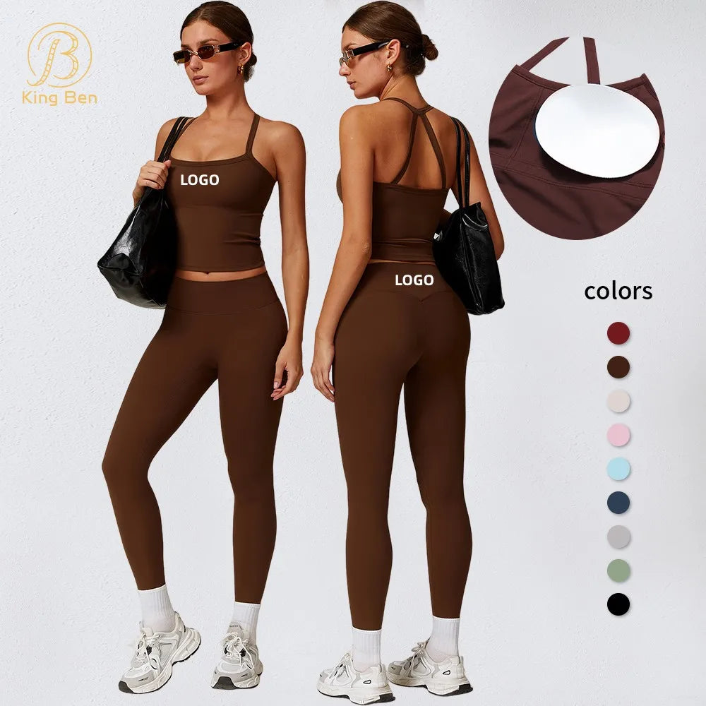 Women Fitness 2pcs Set Yoga Top High Waisted Butt Lifting Leggings Stretchy Sports Vest Workout Bra Running Pants Gym Wear