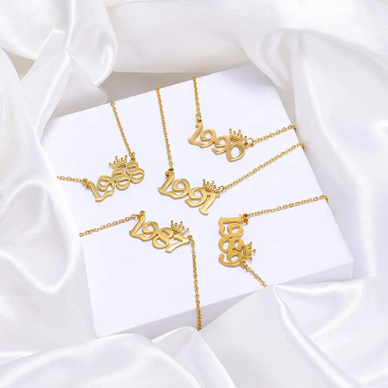 HOVANCI 18K Gold Plated Box Chain Crown Number Pendant Necklace Fashion High Polished Stainless Steel Royal Crown Year Necklace
