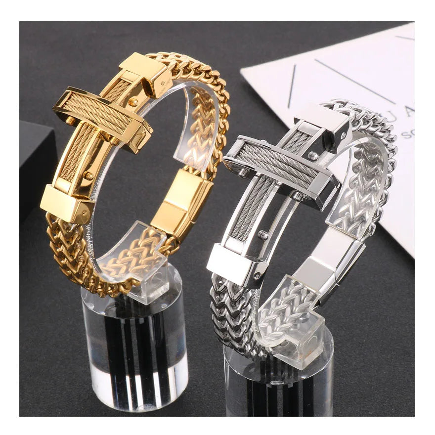 Gold Silver Titanium Steel Bracelet Cross Rope Chain Bracelet Stainless Steel Jewelry Bracelet Chunky Chain Bangles Christian