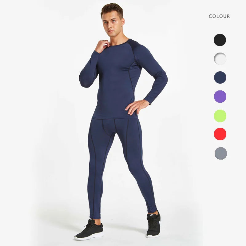 2 Pcs Men's Cool Dry Compression Fitness  Training Wear Baselayer Sets Top and Bottoms for Fitness and Sports