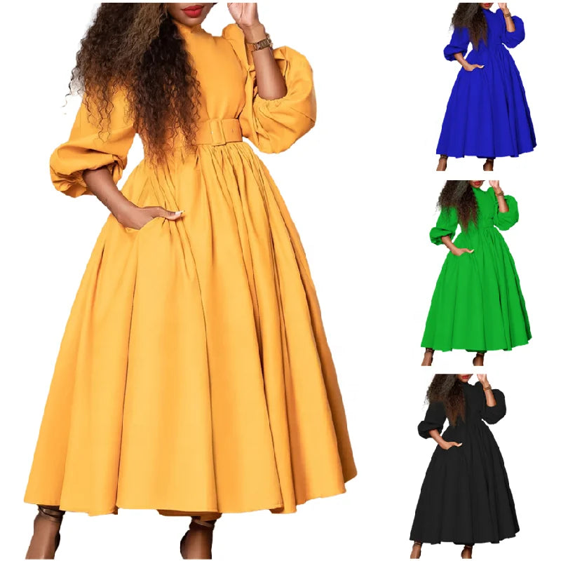 D491 Latest Design Elegant Dresses Women Casual O-Neck Three Quarter Sleeve Wrap Waist Slim A-line Ladies Office Dresses