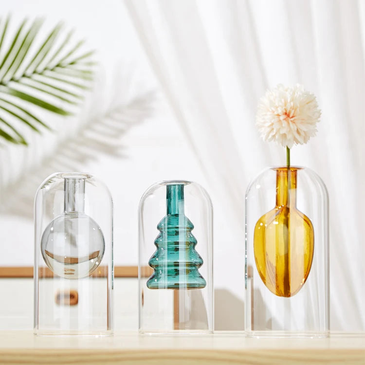 Double Layer Modern Unique Colored Transparent Glass Flower Bud Vase for Living Room Desktop