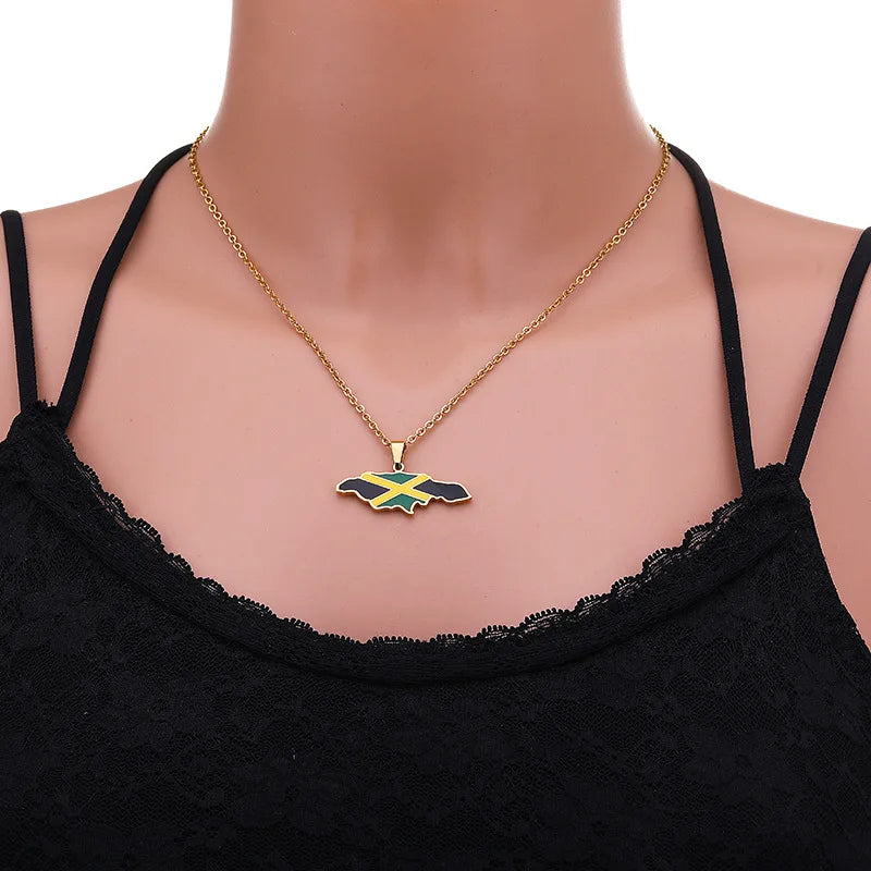 BINSHUO Wholesale Custom Stainless Steel Jewelry Drop Oil Jamaica Nation Map Flag Men Pendant Charm CouplesNecklace for Women