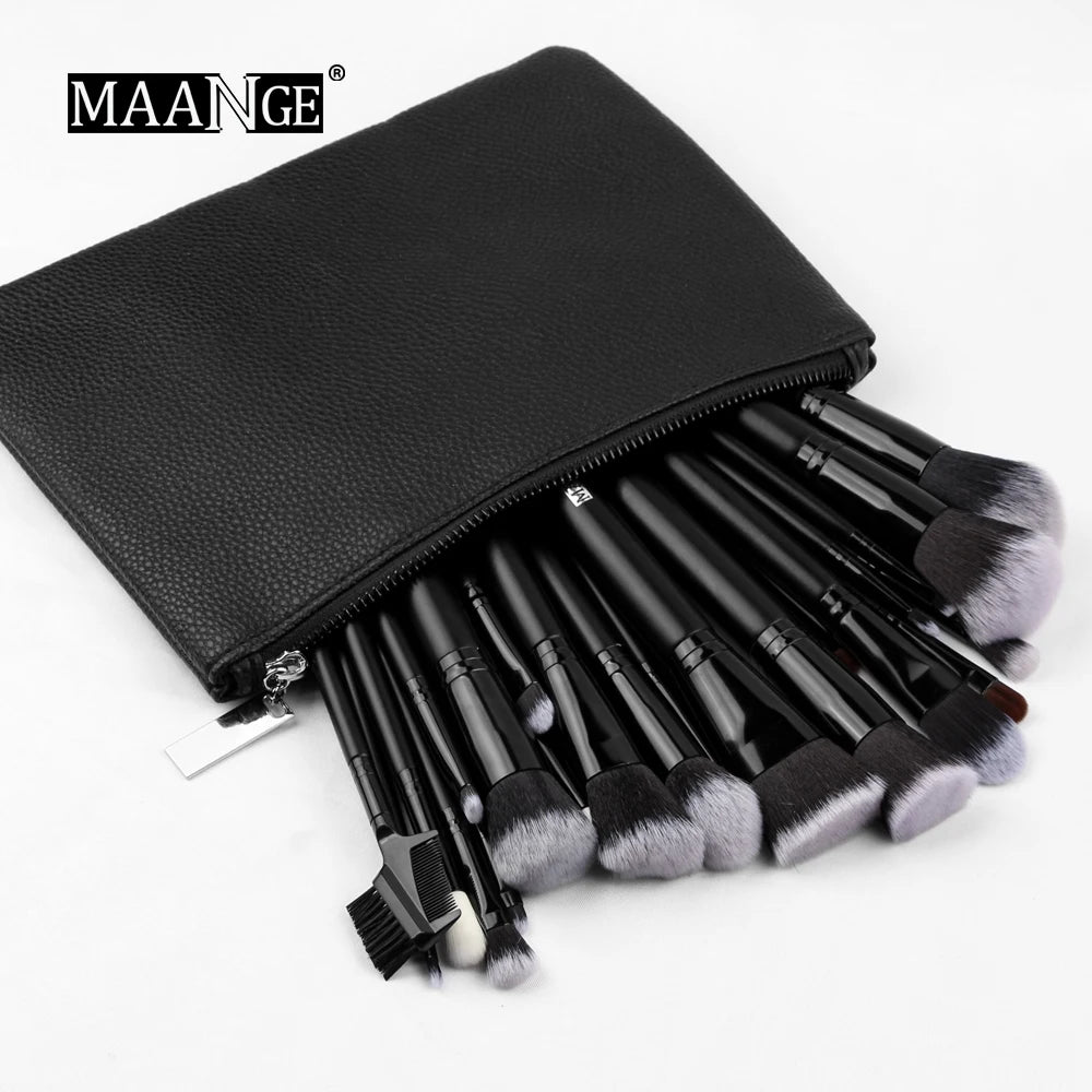 Maange Wholesale Custom 27pcs Makeup Brush Kit Set Wooden Handle Black Private Label With Bag