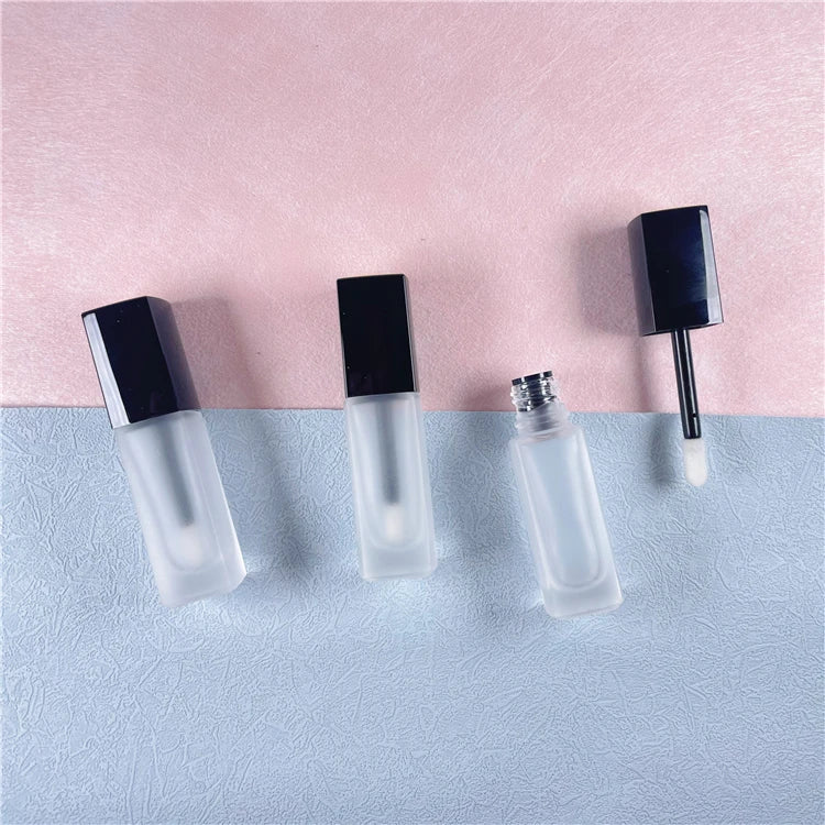 Rectangle Glass Frosted Matte Empty  Lipgloss Tubes with Black Lid Brush
