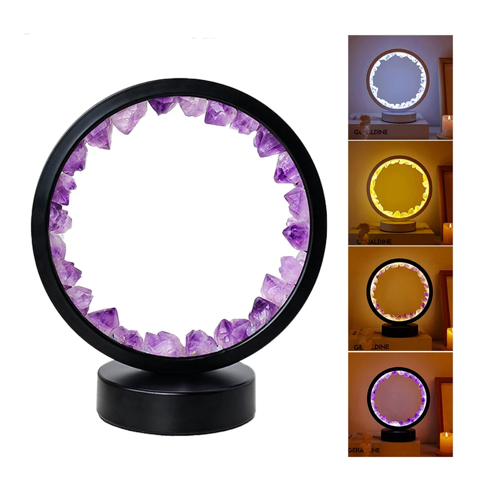 Wholesale Natural  Amethyst Round Crystal Lamp Healing Stone Crystal Led Night Atmosphere Light Bedside Lamp